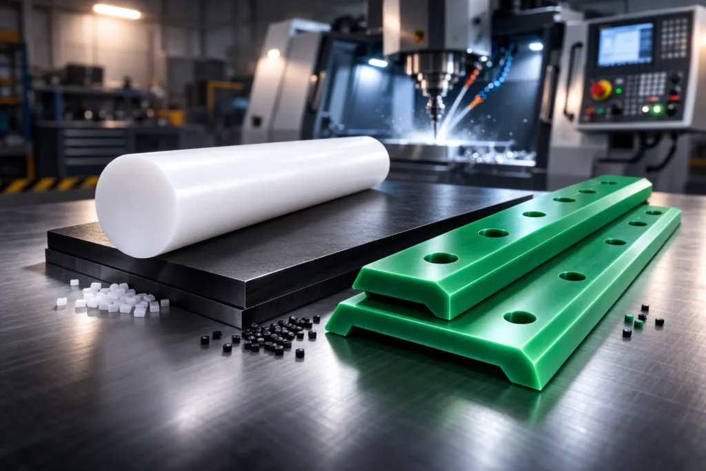 Comparison of Virgin White and Black UV-Stabilized UHMW plastic sheets and rods for industrial applications.