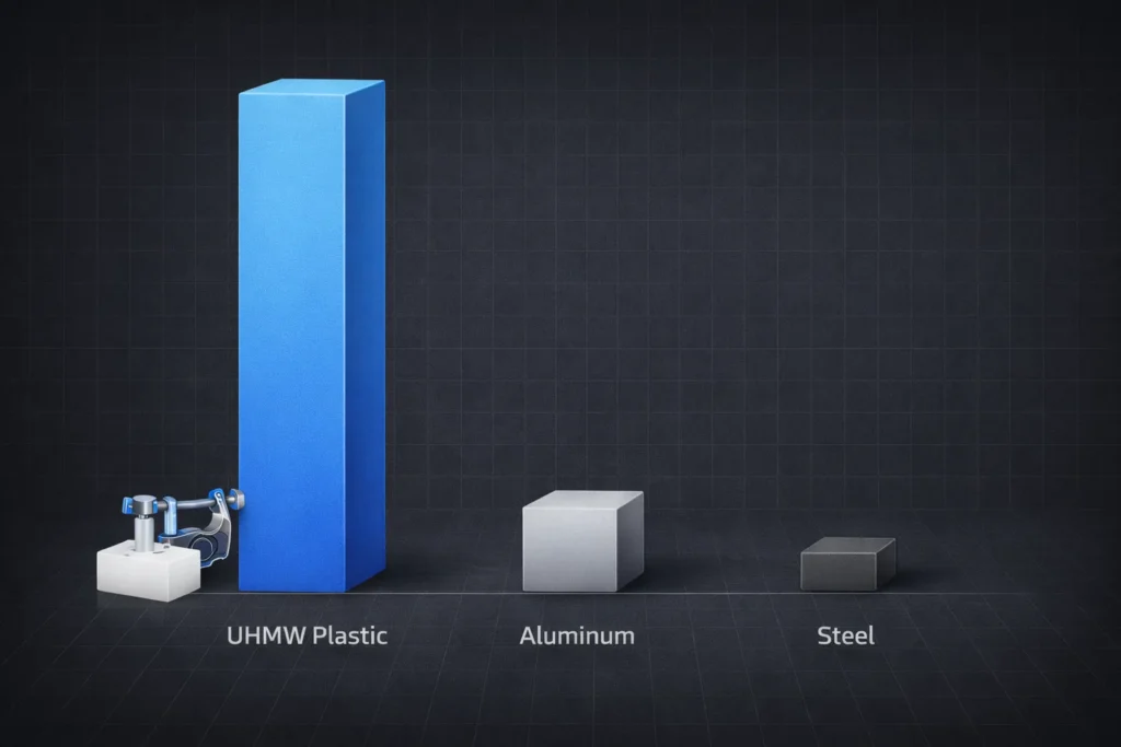 3D bar chart showing the high thermal expansion of UHMW plastic compared to aluminum and steel.