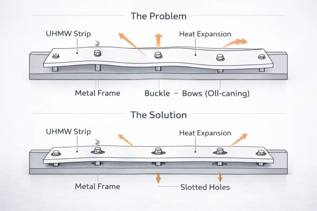 Technical diagram showing how slotted holes prevent UHMW plastic from buckling due to thermal expansion