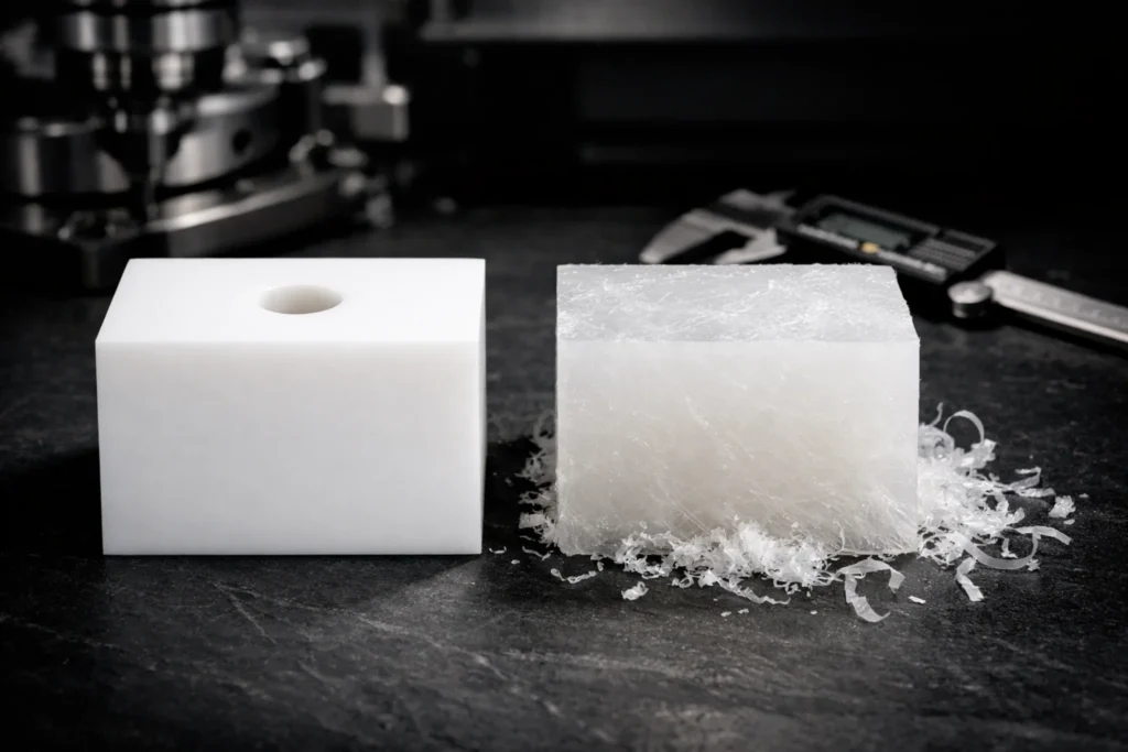 Side-by-side comparison of white HDPE and translucent UHMW industrial plastic blocks on an engineering workbench.