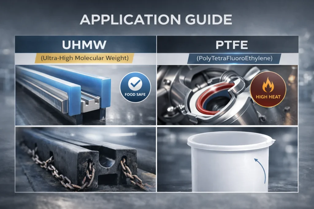 Industry application grid showing UHMW conveyor guide rails and marine fenders vs PTFE chemical seals and lab equipment.