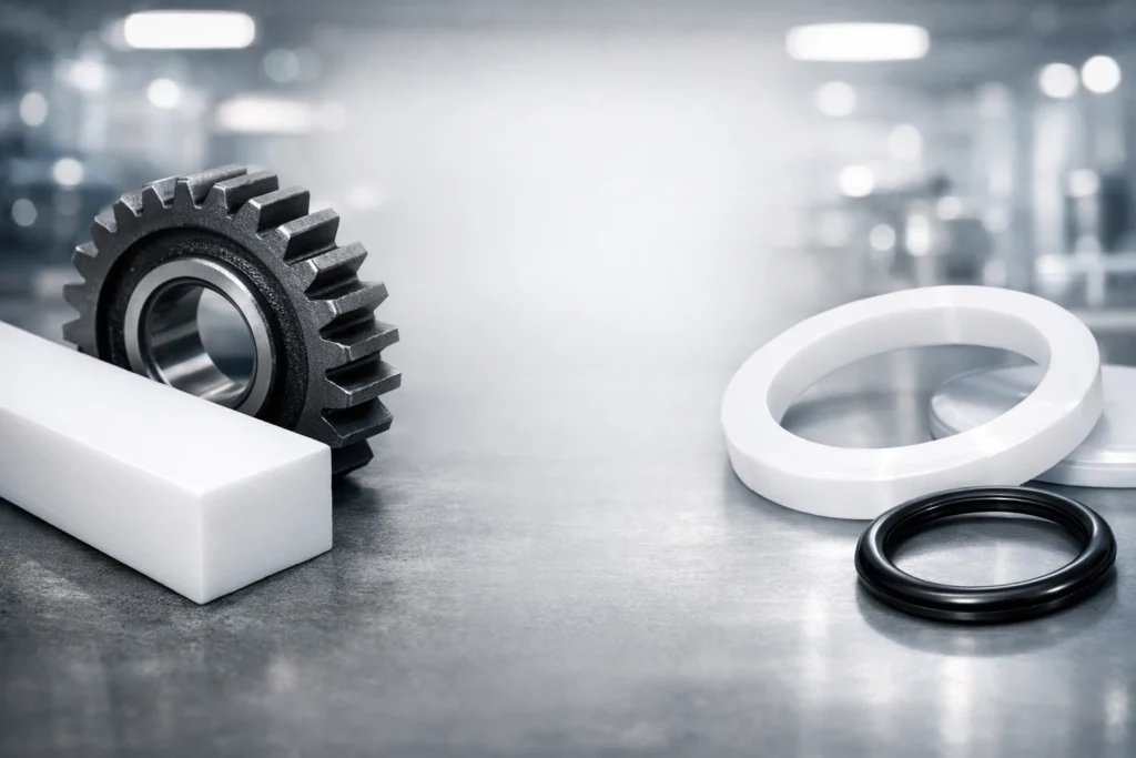 Side-by-side comparison of white UHMW and PTFE industrial plastic components in a lab setting