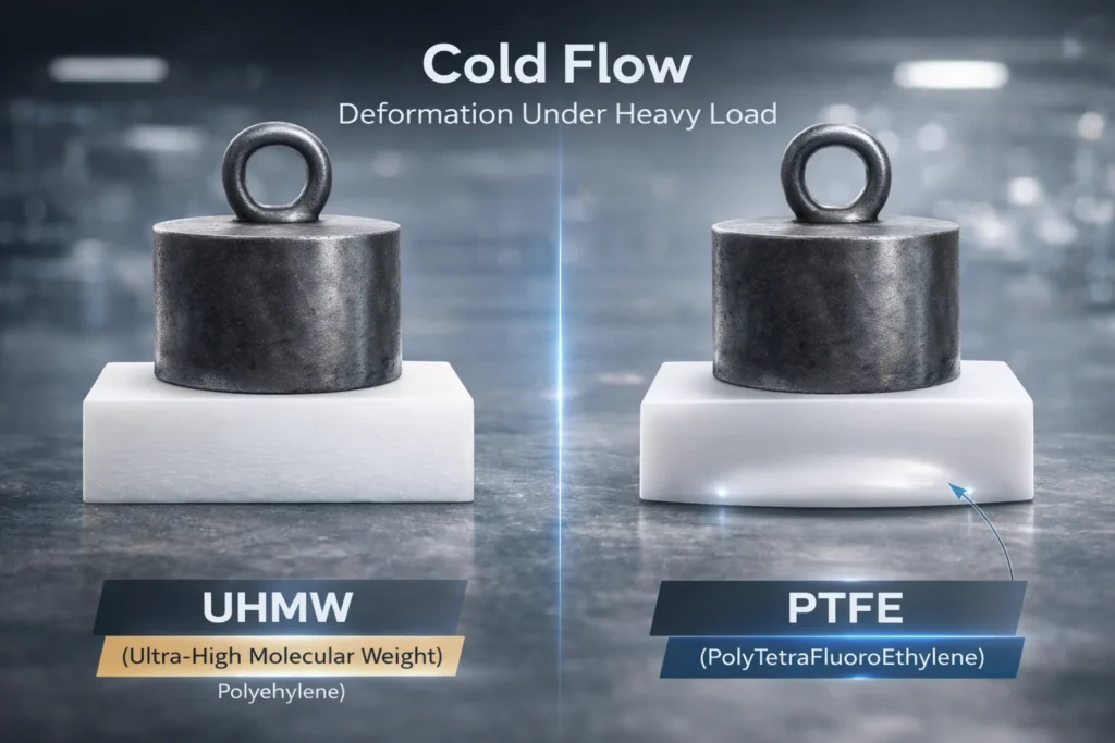 Stress test diagram comparing UHMW structural rigidity vs PTFE cold flow deformation under heavy industrial load.