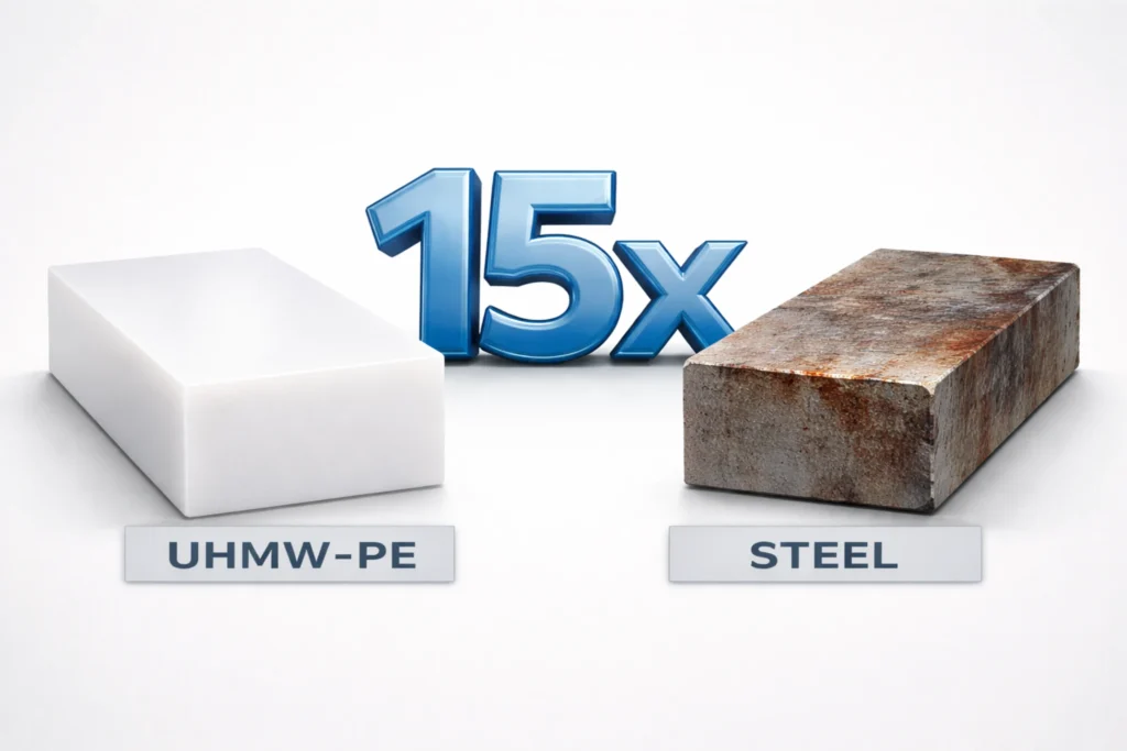 Side-by-side comparison of a smooth white UHMW plastic block and a worn carbon steel block showing 15x wear resistance.