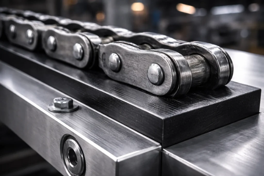 Close-up shot of a black UHMW wear strip in an industrial conveyor system, showing its low-friction surface and impact resistance