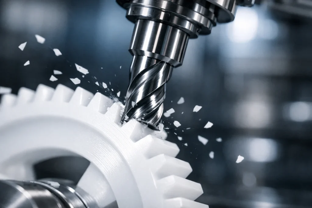 Precision machining of Delrin plastic showing high-speed spindle settings and polished tool geometry for burr-free edges.