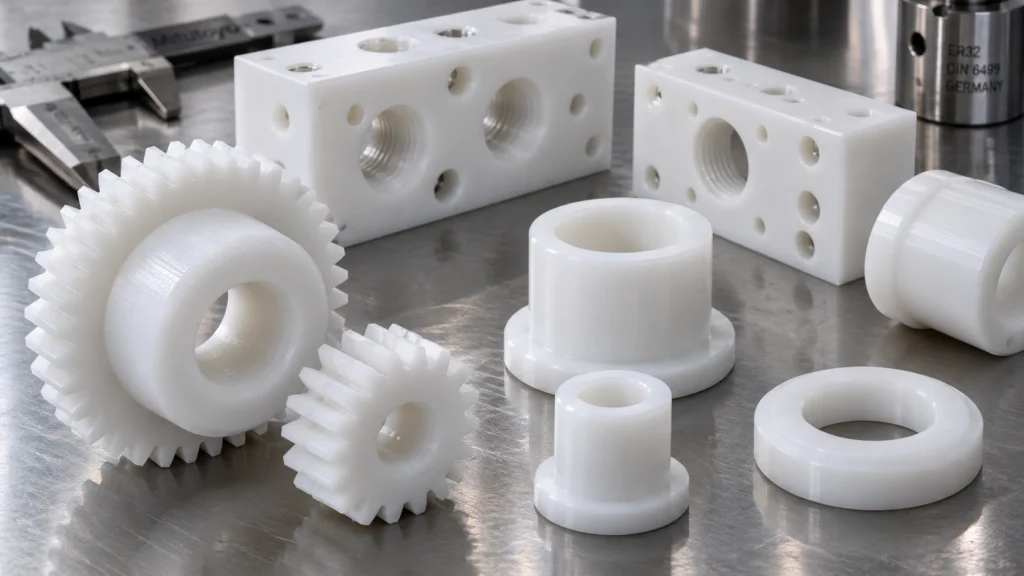 Machined white Delrin acetal engineering plastic components