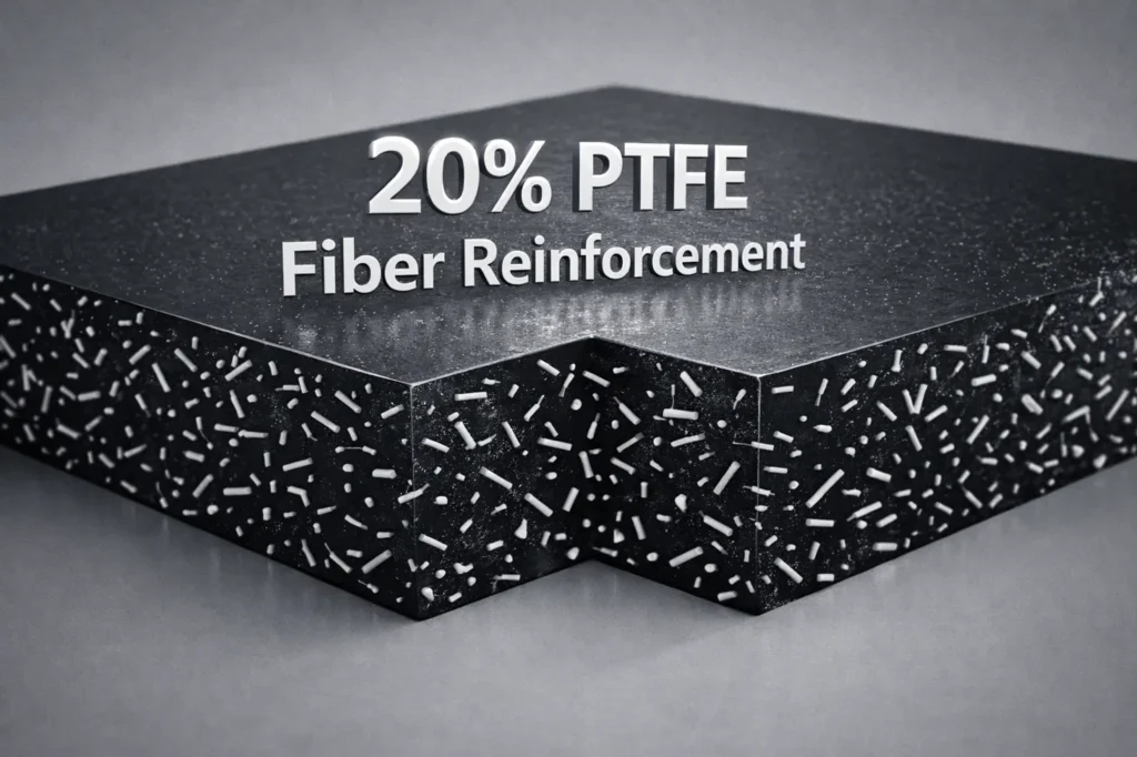 Technical cross-section diagram of Delrin 100AF showing 20% PTFE Teflon fibers embedded in a black acetal matrix for low friction and high strength.