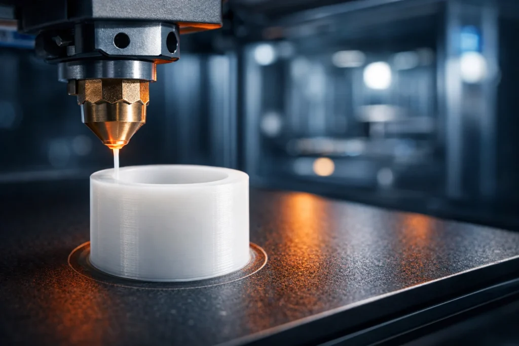 3D printer nozzle extruding a white Delrin POM sliding bushing