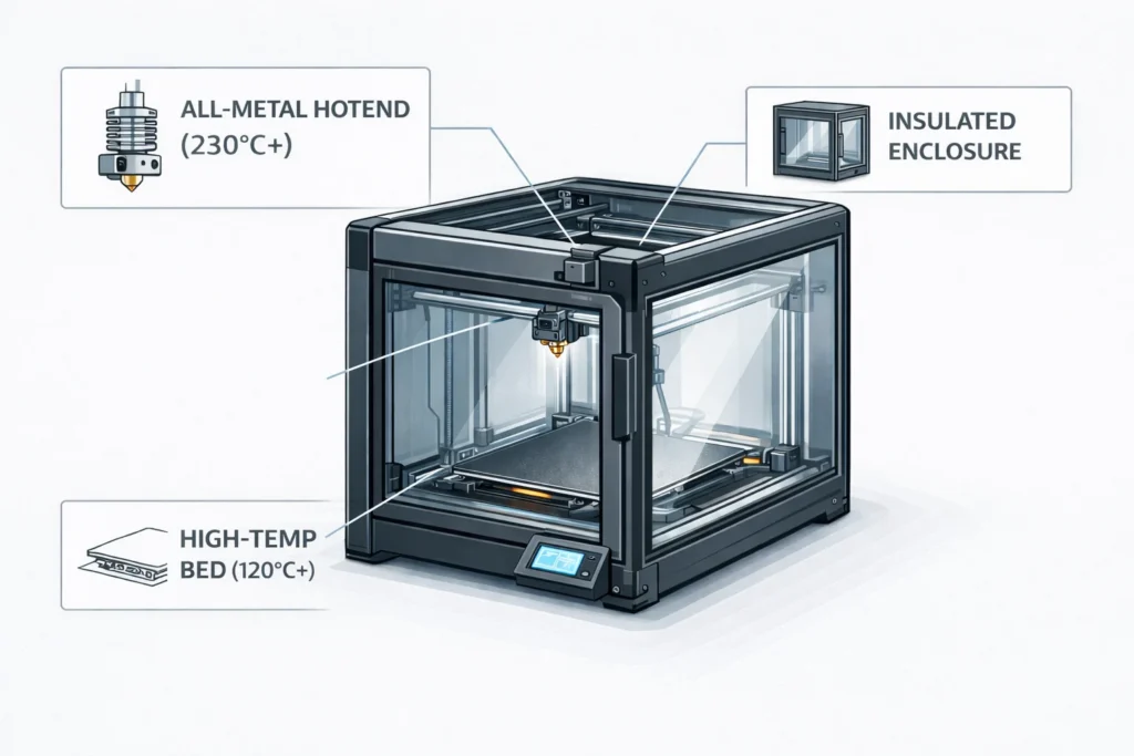 Diagram of 3D printer requirements for Delrin (POM) featuring an all-metal hotend, insulated enclosure, and 120C heated bed.