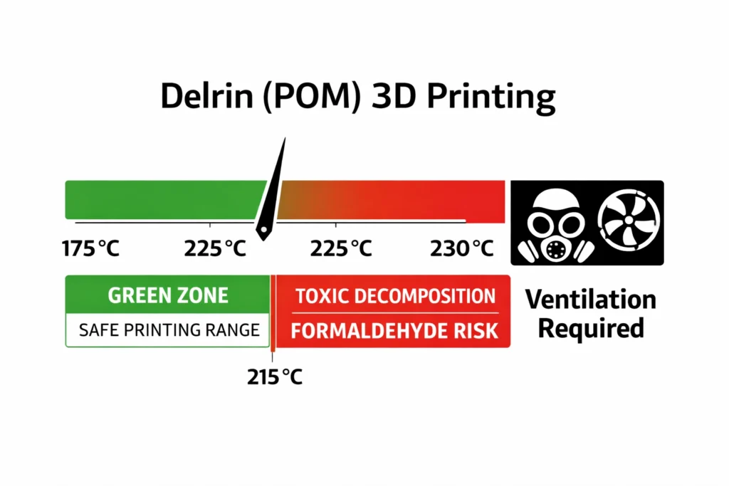 Infographic showing safe Delrin 3D printing temperatures (175-225C) and the 230C formaldehyde decomposition limit.