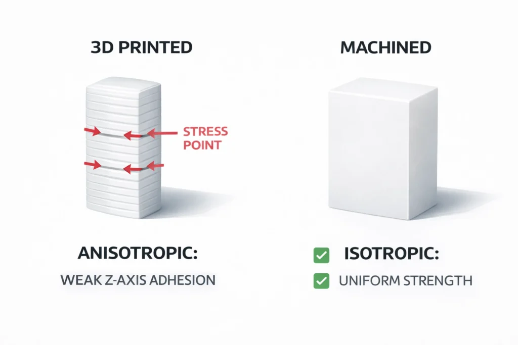 Engineering diagram comparing 3D printed Delrin (anisotropic) with machined Delrin (isotropic) showing internal grain and layer strength.