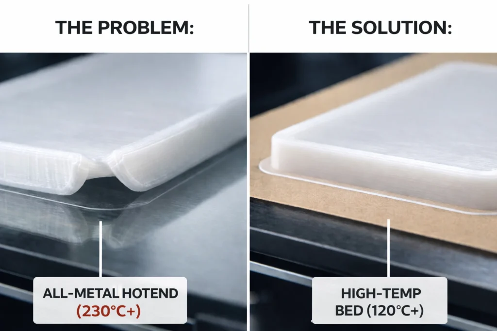 Side-by-side comparison showing a warped Delrin print on a glass bed versus successful bed adhesion on cardstock.