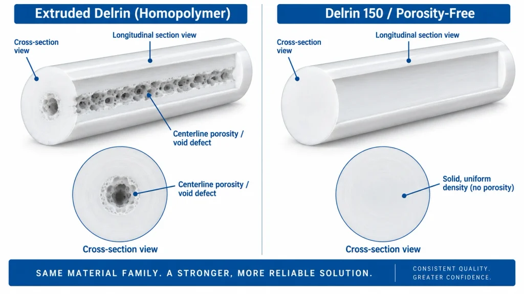 Technical cross-section diagram showing centerline porosity void defect in extruded Delrin rod versus solid porosity-free acetal