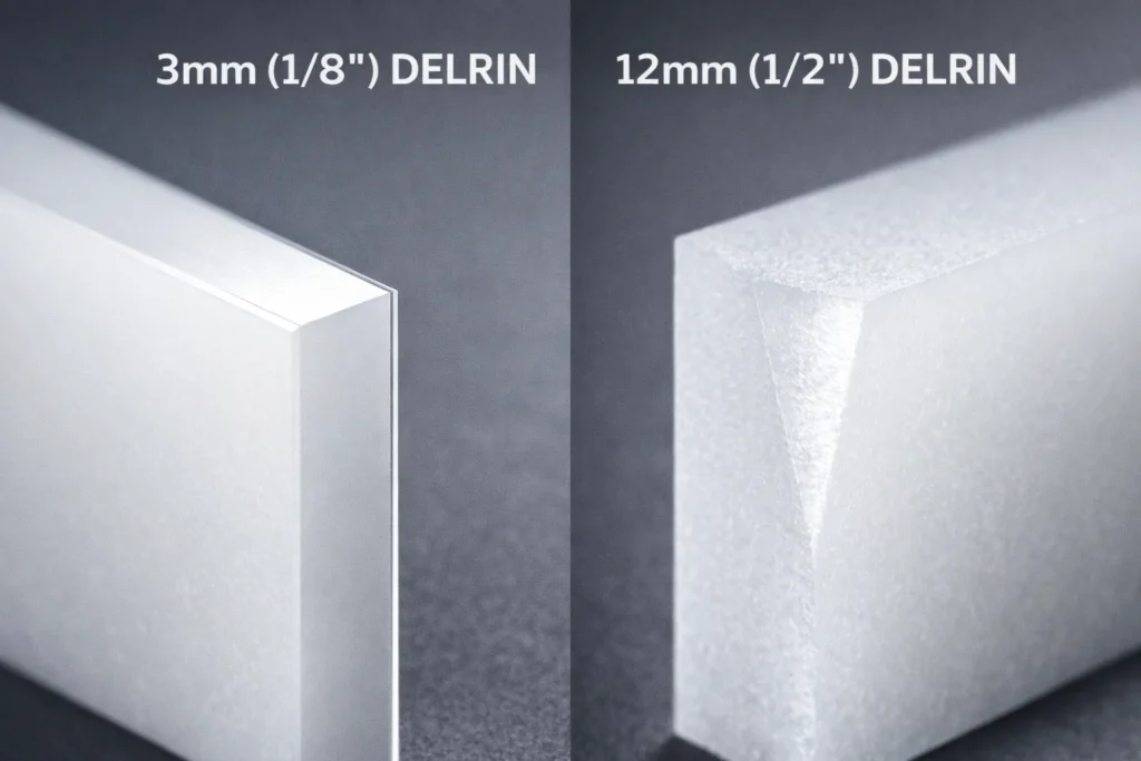 Side-by-side macro comparison of laser-cut Delrin showing a square edge on 3mm material versus a V-shaped melt taper on 12mm material.
