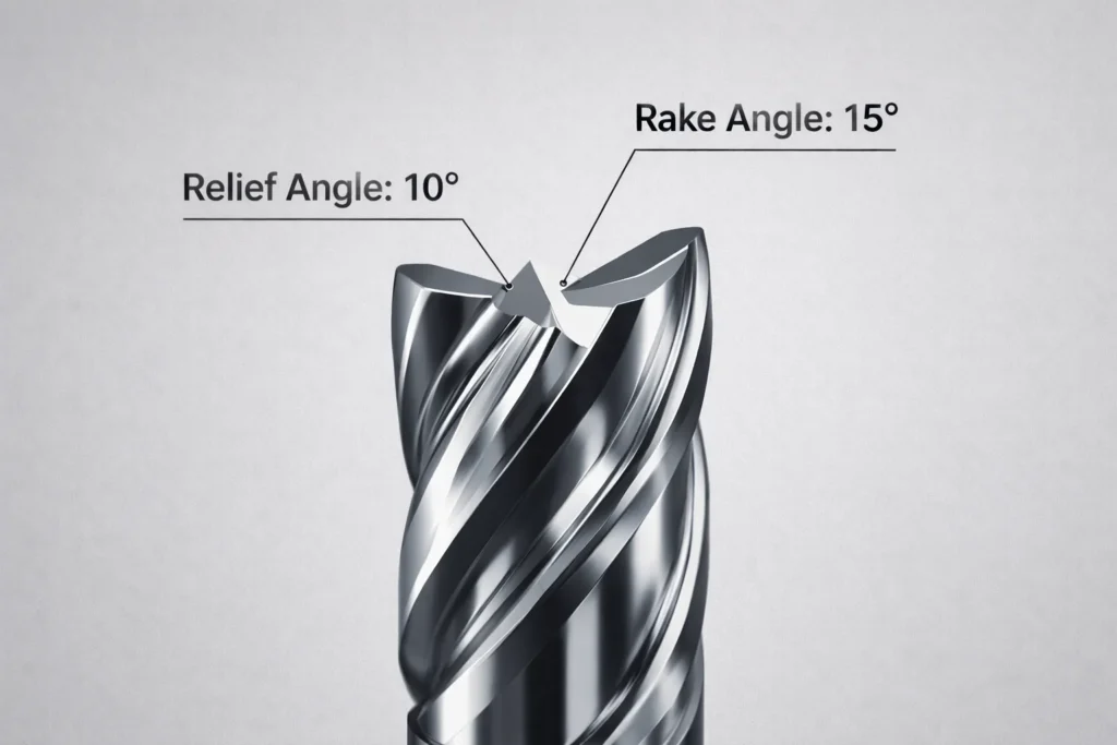 Technical diagram of a carbide end mill for Delrin machining, highlighting a 15-degree rake angle and 10-degree relief angle for optimal chip formation.