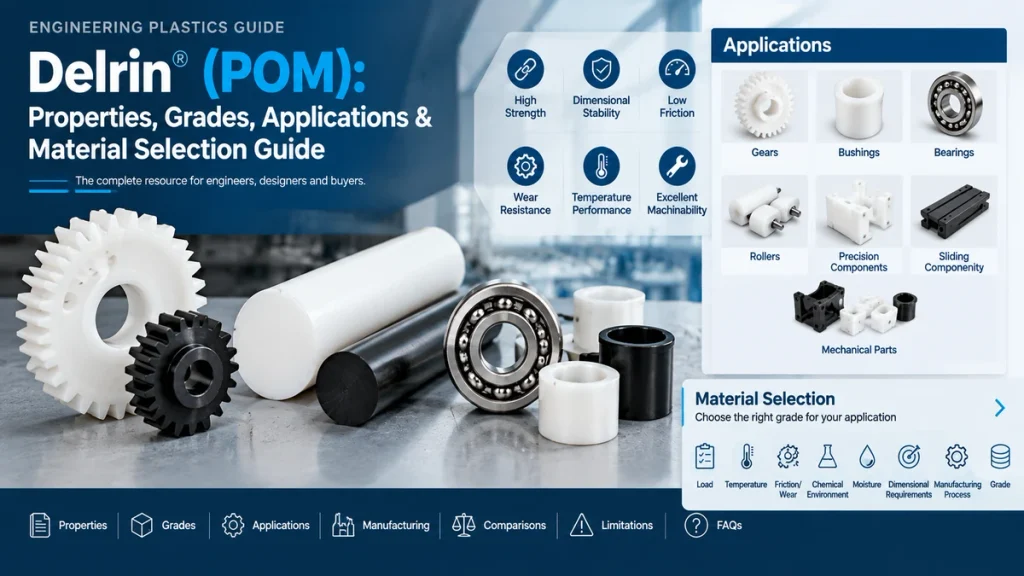 Delrin POM gears, bearings, rods, applications, and material selection factors.