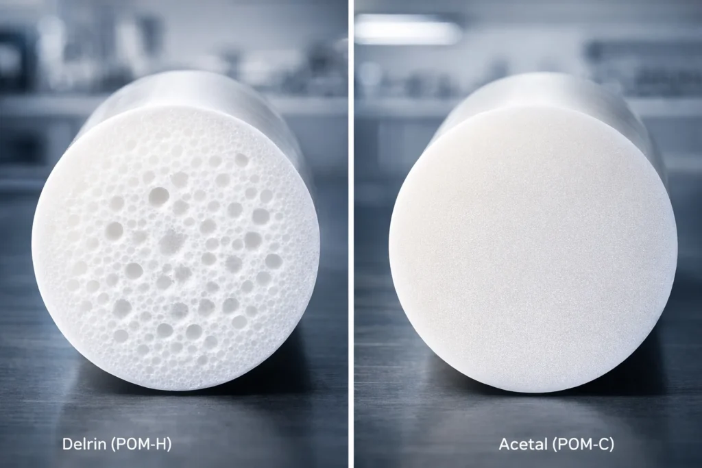 Cross-section comparison of Delrin (POM-H) centerline porosity vs. solid Acetal (POM-C) copolymer rod.