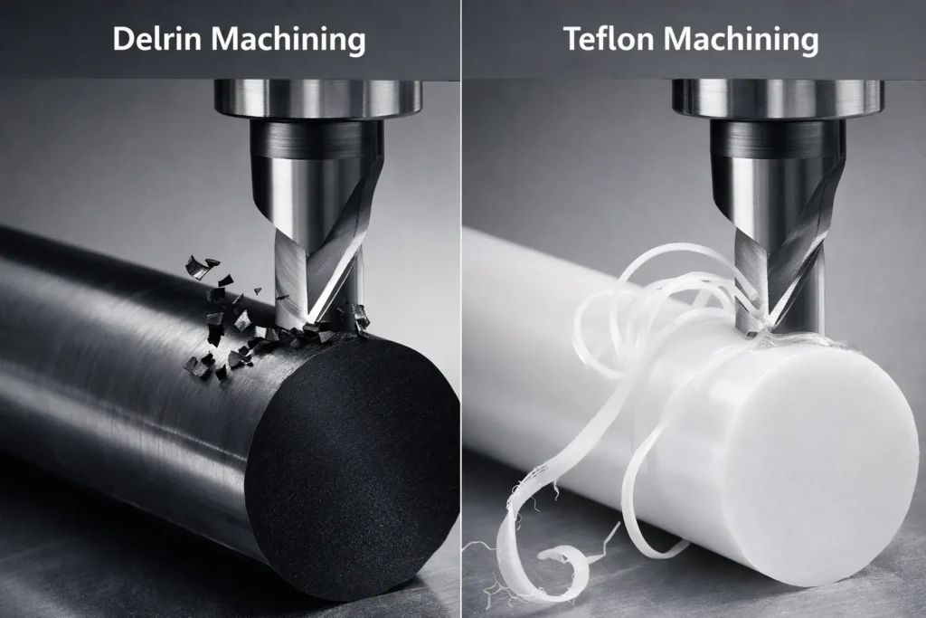 Macro comparison of CNC machining: Delrin producing clean short chips versus Teflon producing long stringy ribbons.