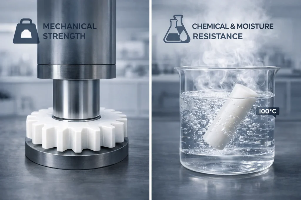 Infographic comparing Delrin POM-H mechanical strength under pressure vs. Acetal POM-C resistance to boiling water and chemicals.