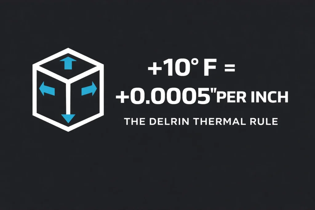 Delrin thermal expansion cheat sheet showing the rule of +0.0005 inch growth for every 10 degree Fahrenheit temperature increase.