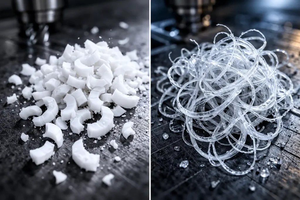Side-by-side chip formation comparison: Delrin brittle 'C' chips vs UHMW stringy nests, demonstrating why Delrin is superior for automated CNC machining.
