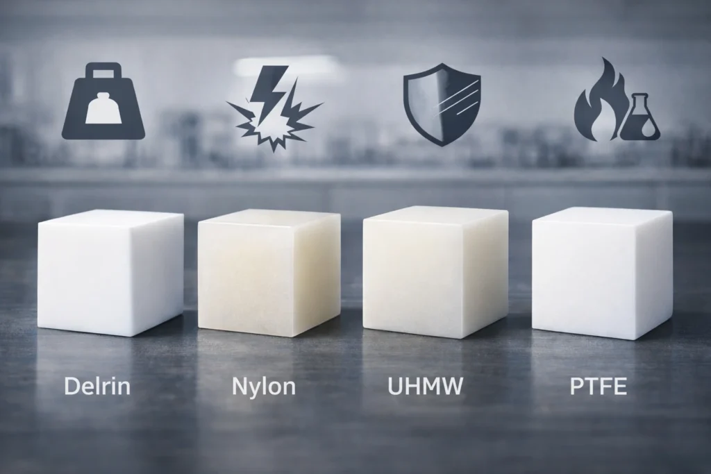 Technical comparison of Delrin, Nylon, UHMW, and PTFE material properties for engineering selection.