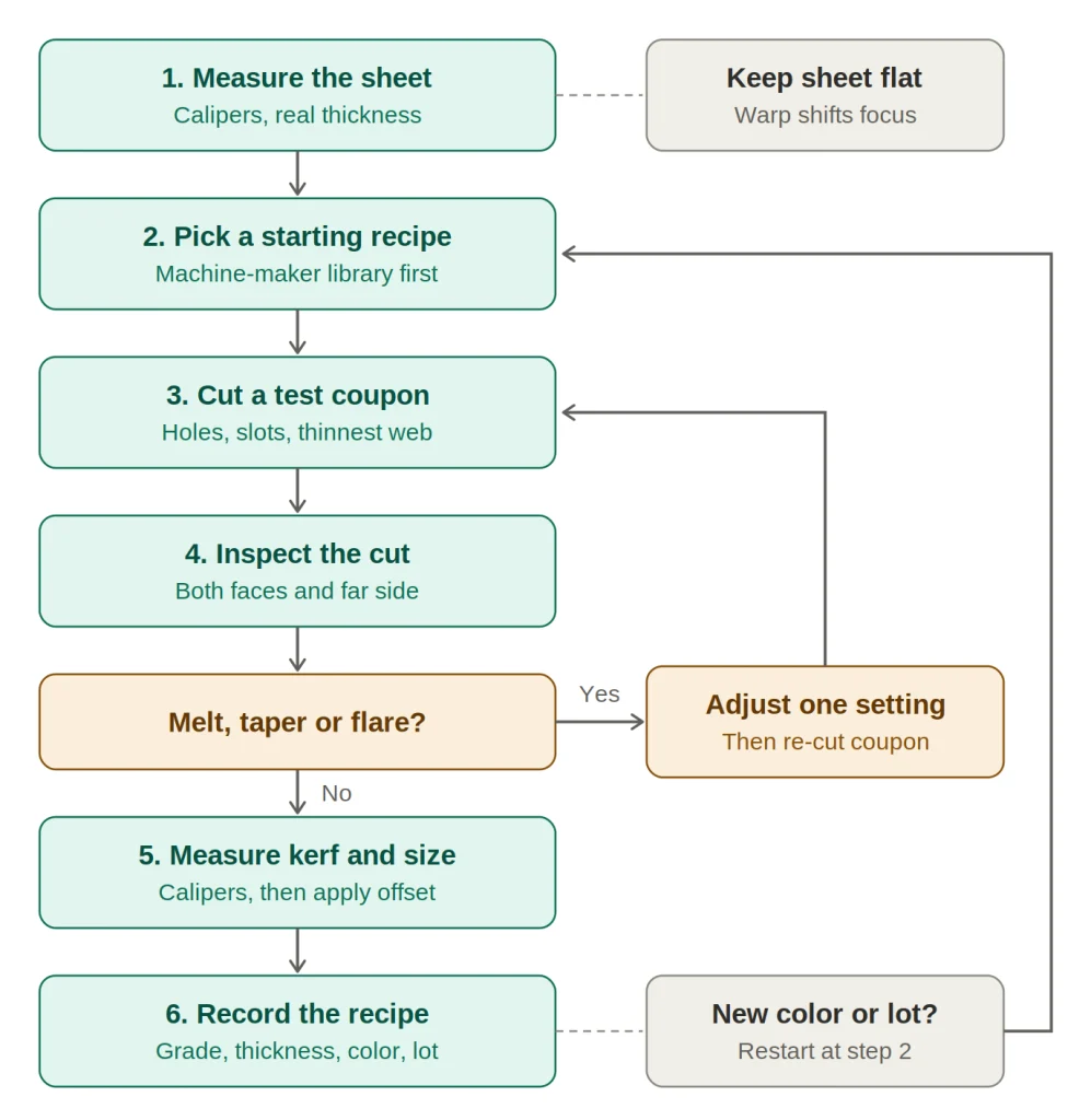 flow diagram of laser cut delrin for Test coupon protocol