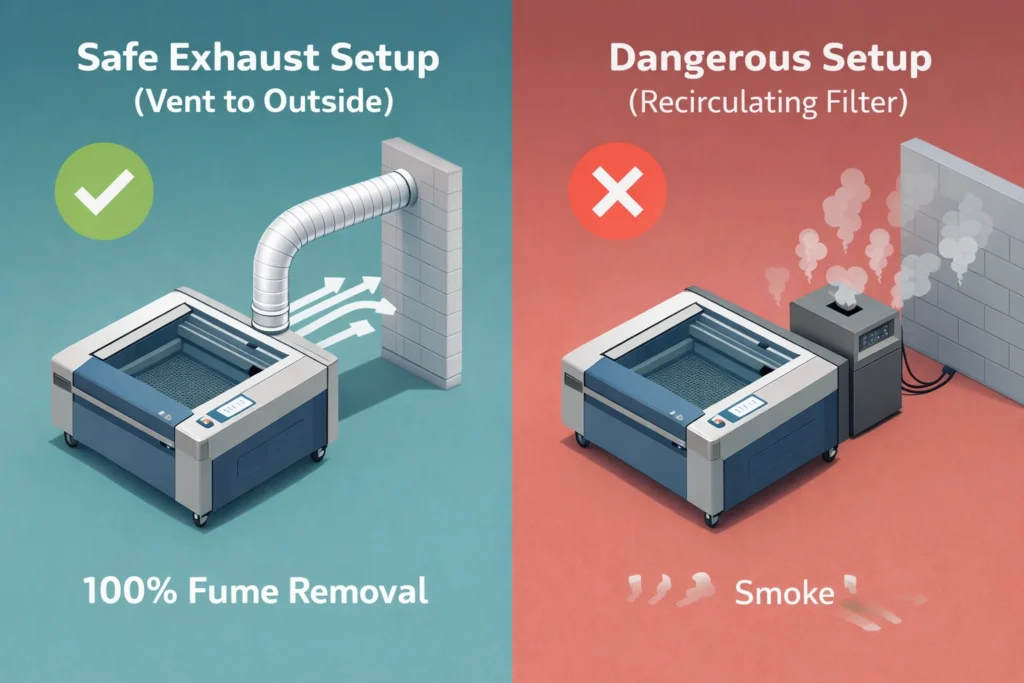 Infographic showing safe external venting vs. dangerous recirculating filters for removing toxic formaldehyde fumes when laser cutting Delrin.