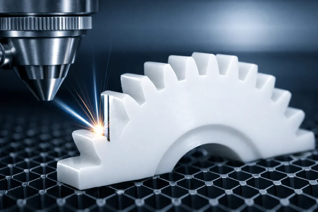 High-precision white Delrin gear being laser cut on a CO2 machine showing a polished, char-free edge.