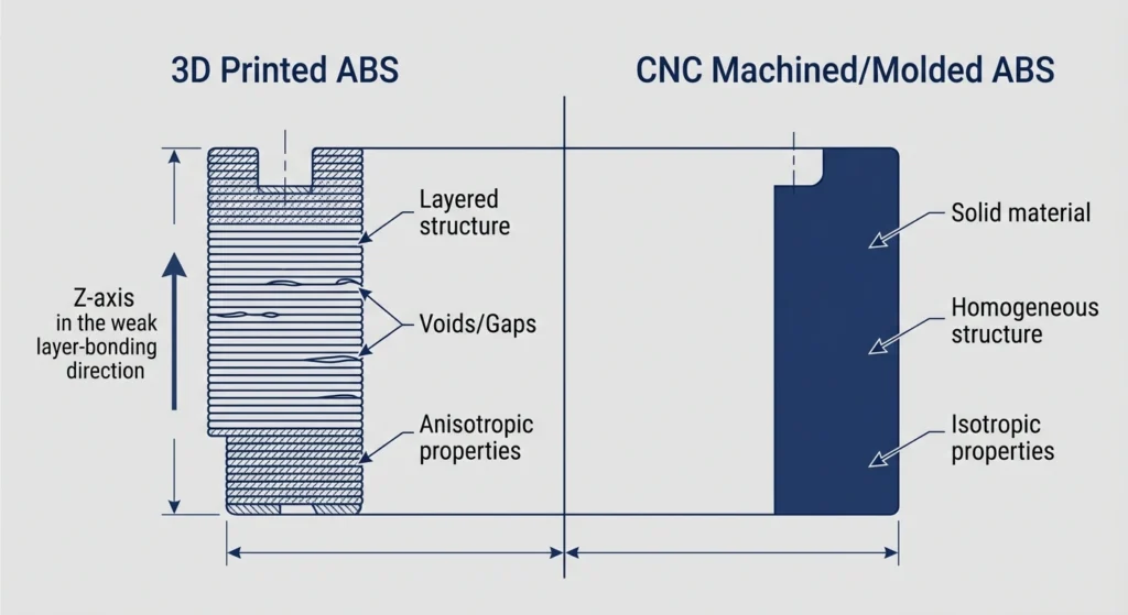 Diagram comparing porous, layered 3D-printed ABS to fully dense CNC-machined or molded ABS