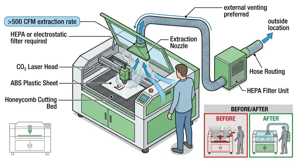 Laser engraving ABS plastic with proper fume extraction and ventilation.
