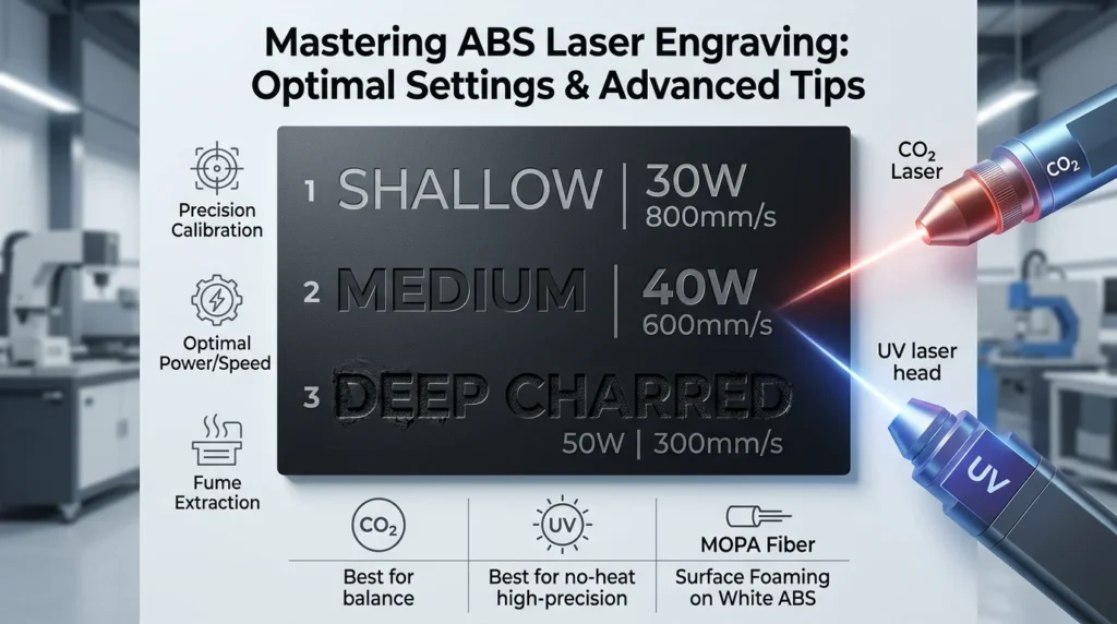 ABS laser engraving settings for shallow, medium, and deep marks using CO₂, UV, and MOPA fiber lasers.