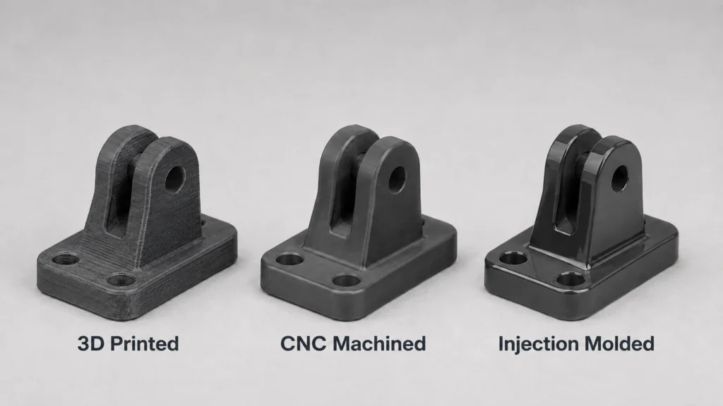 Three ABS parts showing the progression from 3D-printed prototype to CNC-machined to injection-molded