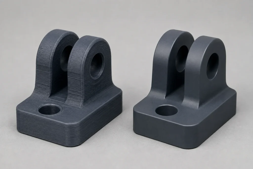 Close-up of 3D-printed ABS layer lines next to a smooth CNC-machined ABS surface