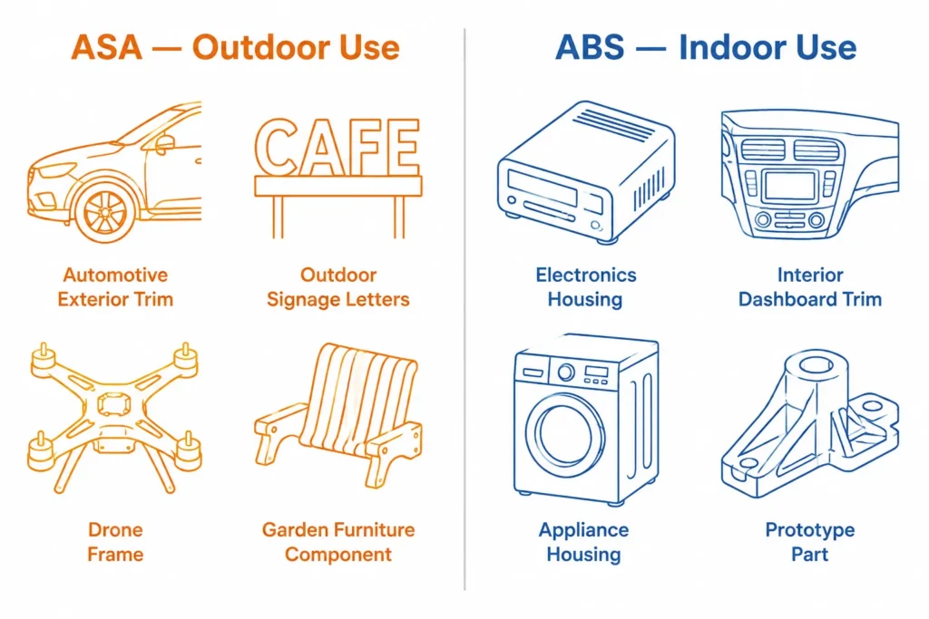 ASA vs ABS applications infographic comparing ASA outdoor uses with ABS indoor uses.