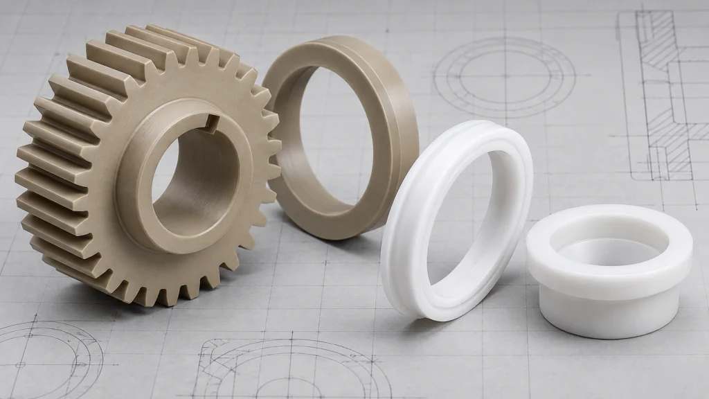 Side-by-side comparison of a PEEK gear and PTFE seal for engineering material selection